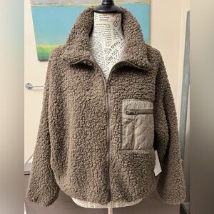 Women’s ANGEL KISS Taupe Sherpa Jacket Full Zip Side Pockets Drawstring Toggle M
